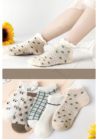 Bgk 5 Çift Kiraz Çiçek Desenli Çorap Şeffaf Çok Renkli