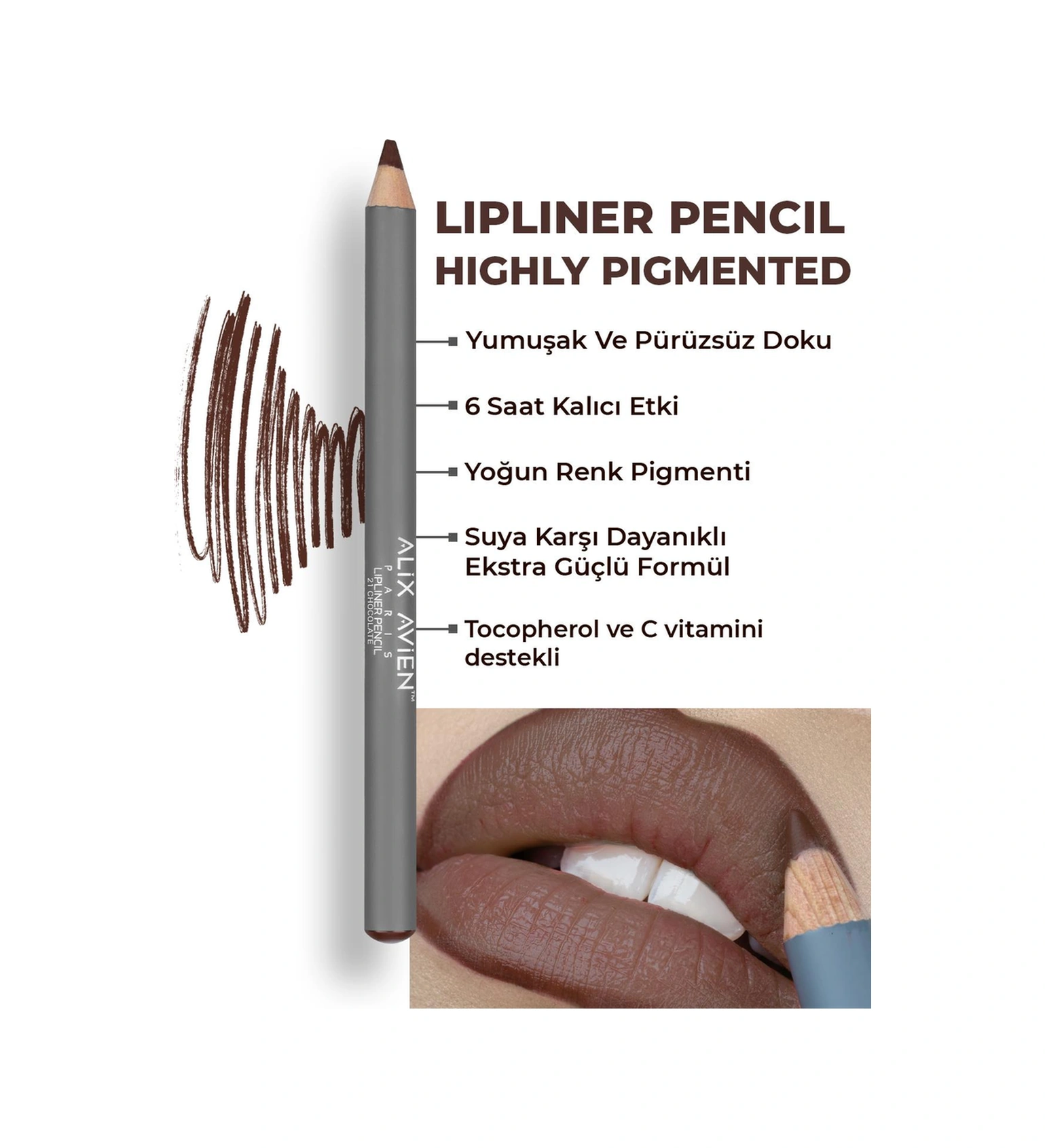 Alix Avien Uzun Süre Kalıcı Dağılma Yapmayan Nemlendirici Dudak Kalemi Lipliner Pencil 21 Chocolate