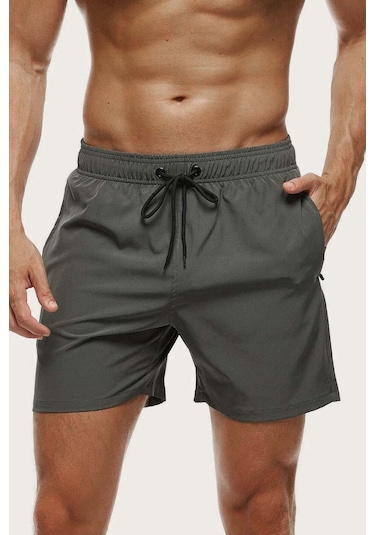 Angelsin Erkek Basic Standart Boy Mayo Fermuarlı Cepli Deniz Şortu Yeşil