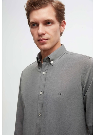 Ds Damat Slim Fit Antrasit Oxford Düğmeli Yaka Kolay Ütülenebilir Nakış Detaylı Pamuklu Gömlek 4HC02ORT03265 Antrasit