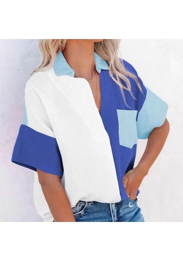 Yaz Moda Rahat Gevşek Gömlek Kadın Patchwork Renk Kısa Kollu Pamuklu Bluz Kadın Düğme Yukarı Gömlek Elbise Tops 26436 Mavi Yaz Moda Rahat Gevşek Gömlek Kadın Patchwork Renk Kısa Kollu Pamuklu Bluz Kadın Düğme Yukarı Gömlek Elbise Tops 26436 Mavi