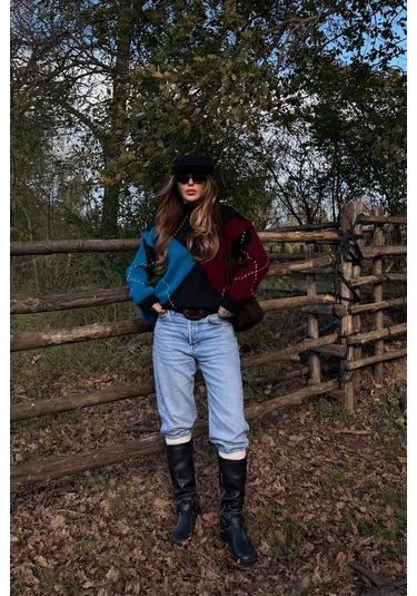 Mavi - Bordo Baklavalı Kazak - 7183 Mavi - Bordo