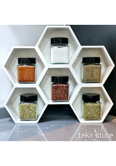 6'lı Baharatlık Takımı Ahşap Beyaz Standlı Petek Model Çift Yönlü Beyaz