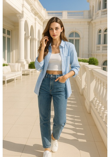 Kadın Çizgili Oversize Gömlek Açık Mavi Beyaz Pamuk Gömlek Açık Mavi