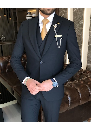 İtalyan stil slim fit erkek ceket yelek pantolon takım elbise lacivert T9134-Lacivert