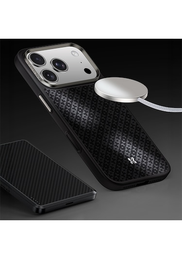 Apple Uyumlu iPhone 17 Pro Max Kılıf M-safe Özellikli Benks Armorpro Armorgrid Serisi Kevlar Kapak Siyah Siyah