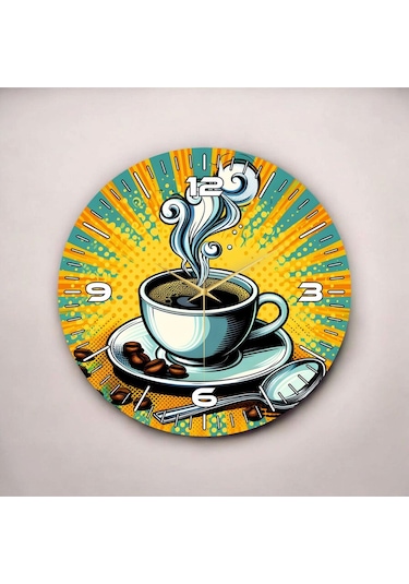 Kahve Fincanı Renkli Baskı Desenli Sayılı Hediyelik Ahşap Sessiz Duvar Saati 50cm ÇOk Renkli