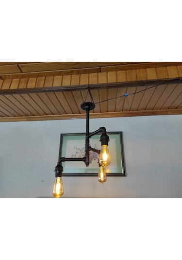 Endüstriyel Tasarım Vintage Tavan Avize Borulardan Lamba 3'li Siyah