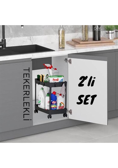 Maja 2 Adet 2 Katlı Siyah Tekerlekli Düzenleyici Mutfak Rafı Bany Siyah