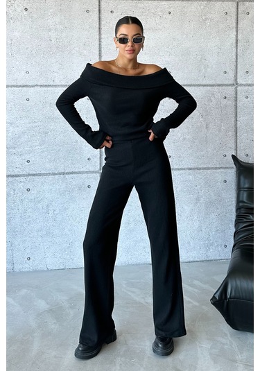 Modagen Selanik Kumaş Madonna Yaka Alt Üst Pantolonlu Takım Siyah