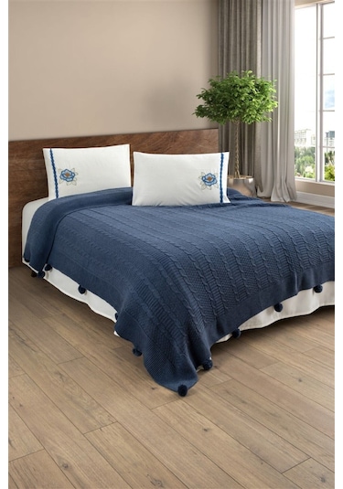 Triko Örme Nakışlı Battaniye Takımı-tivoli Rosetta Indigo