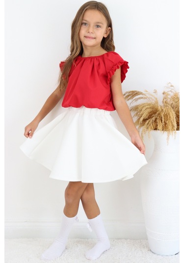 Kız Çocuk Kırmızı Bluz Krem Etek 23 Nisan 29 Ekim Gösteri Takımı Kırmızı-ekru