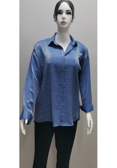 Kadın Uzun Kollu Salaş Kesim Parlak Simli Pamuk Gömlek Mavi