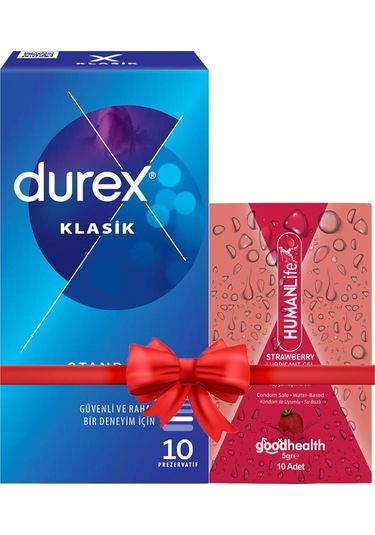 Durex Klasik Prezervatif 10'lu + Humanlife 5 Gr X 10 Çilek Aromalı Jel Lubricant