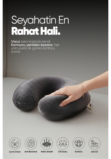 Ortopedik Seyahat Yastığı - Visco Seyahat Boyun Yastığı - Ortopedik Boyunluk Antrasit Beyaz
