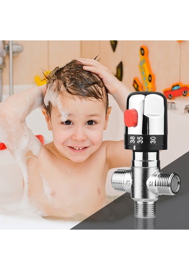 Springsun Termostatik Su Karıştırma Valfi - Güneş Enerjili Sistemler İçin Bakır Sıcak Soğuk Duş Bataryası Gümüş