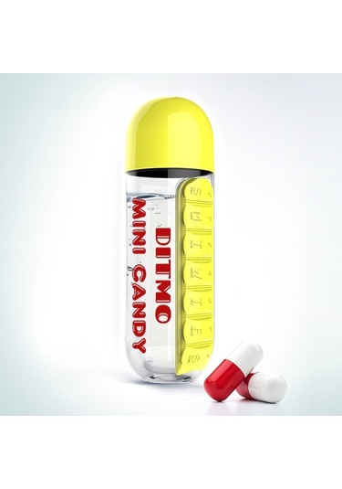 Mini Candy Kapsül Tasarımlı Haftalık İlaç Kutusu + Su Şişesi Şeffaf