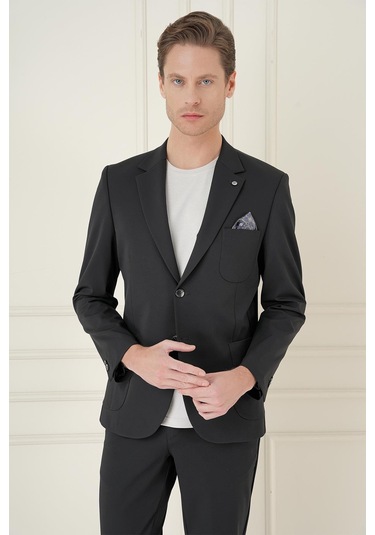 Slim Fit Mono Yaka Çift Yırtmaç Torba Cep Casual Siyah Ceket C 697 Siyah