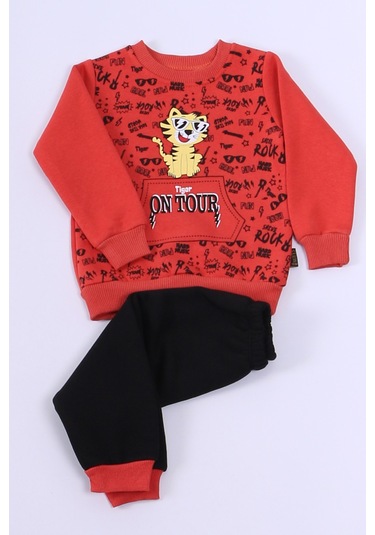 Erkek Bebek 3 İplik Eşofman Takımı Kaplan Baskılı A48 Kiremit