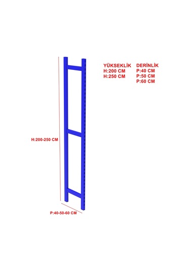 1 Adet Depo Rafı Hafif Rack Ayak Mavi-40x250 Cm-1.50 Mm Mavi