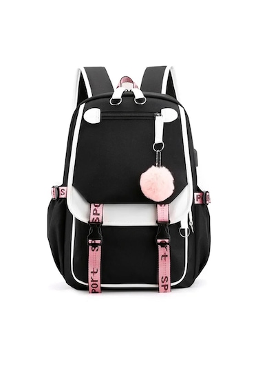 Dawndesslogenç Kızlar Usb Portlu Büyük Okul Çantası - Moda Siyah Pembe Sırt Çantası Gökyüzü Mavi Siyah Pembe Siyah Pembe