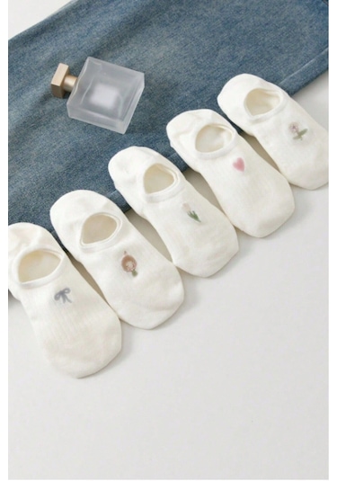 Kadın 5 Çift Premium Fiyonk Çiçek Ve Kalp Desenli Babet Çorap Seker Beyazı ASORTİ