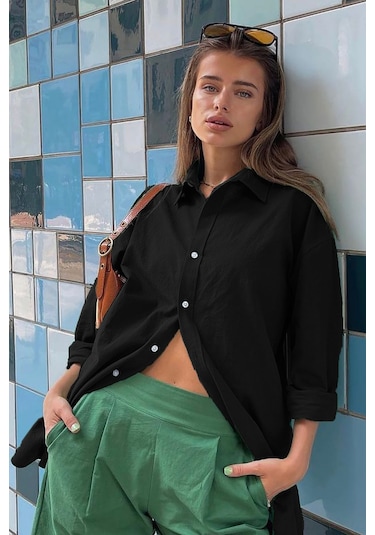 Madmext Mad Girls Siyah Oversize Gömlek Mg1369-siyah Siyah