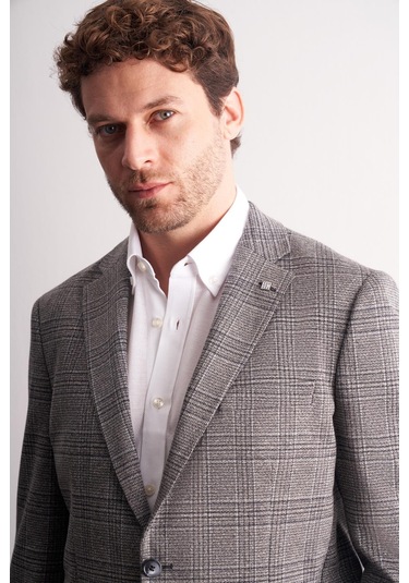 Siyah Mono Yaka Ekose Desen Pamuklu 6 Drop Comfort Fit Classic Ceket 1002255152 Siyah