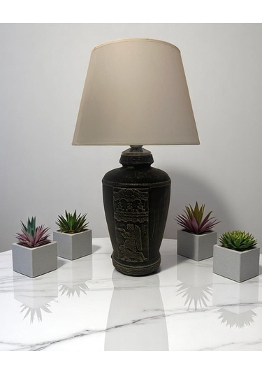 Gümüş Renk Eskitme El Yapımı Sümer Dekoratif Abajur - Beyaz Beyaz