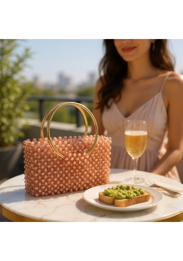 Plentiful İnci Boncuk Çanta, Abiye , Gece , Düğün, Gelin,nişan Çantası Kahverengi