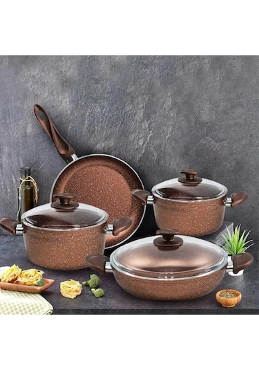 Papilla Argos Bakır Kırçıllı 7 Parça Granit Tava Tencere Takımı Altın - Gri