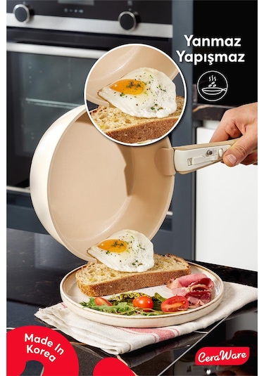 Ceraware Hona Daily 9 Parça Tak Çıkar Saplı Iç Içe Geçebilen Seramik Yapışmaz Tencere Tava Seti Bej