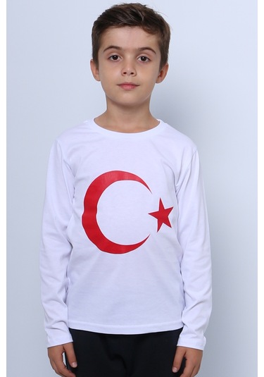 Çocuk Ayyıldız Baskılı Tshirt Uzun Kollu A57 Beyaz - Kırmızı