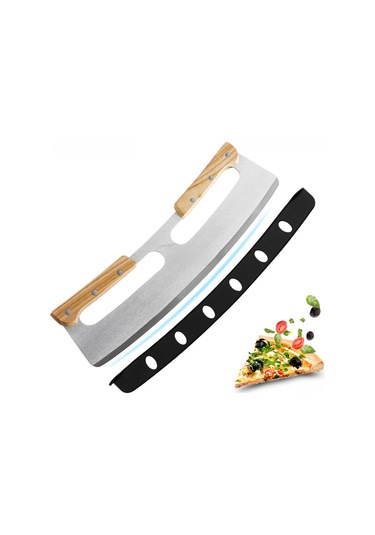 Yuntech01 Stok Mutfak Aleti: Çift Kollü Ahşap Saplı Yarı Dairesel Paslanmaz Çelik Pizza Dilimi, Yeni Korumalı Kılıf İle Verimli Kesim Diğer
