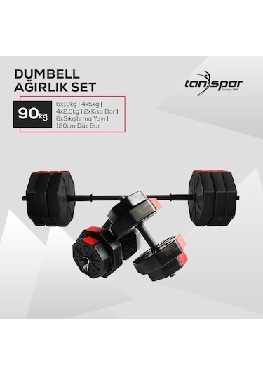 Tan Spor 90 KG Dambıl Halter Kısa Bar + Düz Bar Seti Sarı Kapaklı 150 CM