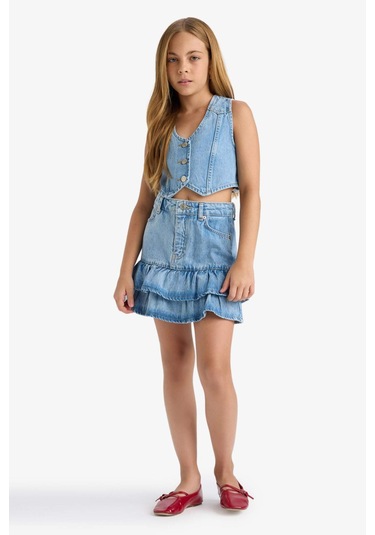 Defacto Kız Çocuk Pamuklu Katlı Jean Etek F7167a825aunm28 Mavi