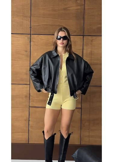 Prifaldi Oversize Bomber Deri Ceket Siyah
