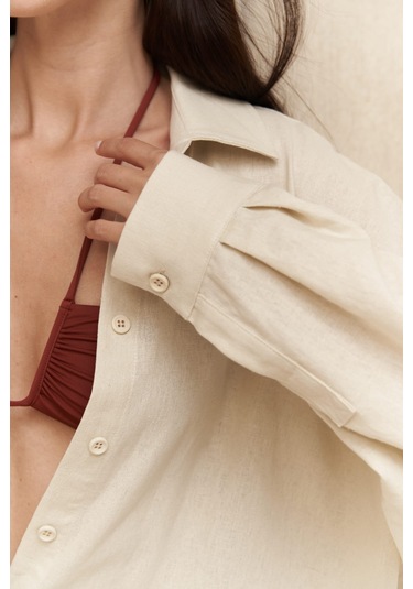 Charlotte Ekru Oversize Keten Gömlek Ekru