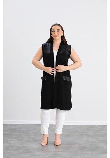 Wearon Kadın Ajda 2 İp Kristal Süs Deri Ve Taşlı Cepli Siyah Yelek Siyah