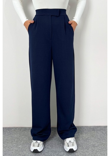 Kadın Likralı Cırt Kapama Lacivert Geniş Paçalı Rahat Palazzo Pantolon Lacivert
