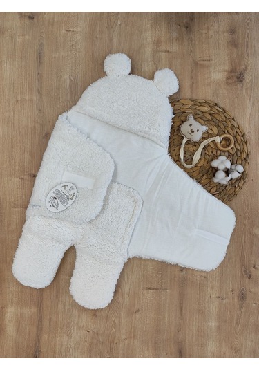 Bebek Dış Kundak Battaniyesi Pelüş Ayaklı Welsoft Uyku Tulumu Kışlık Mont Yenidoğan 0-12 Ay Ecru Ekru