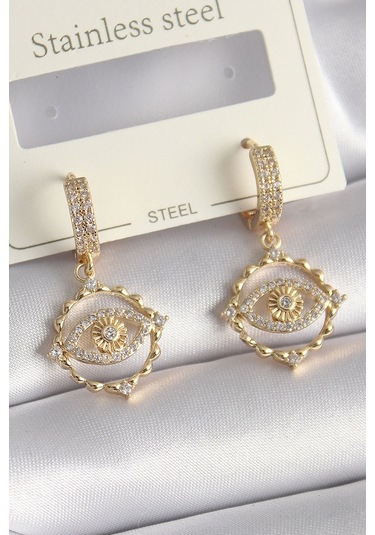 Pirinç Gold Renk Zirkon Taşlı Göz Model Kadın Küpe