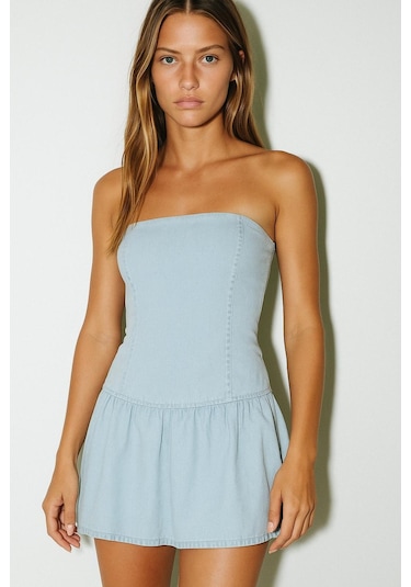 Bandeau Denim Elbise Açık Mavi