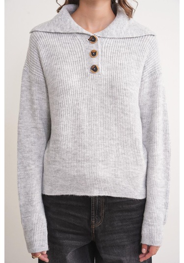 6900 Kadın Düğmeli Devrik Yaka Triko Kazak Gri Gri