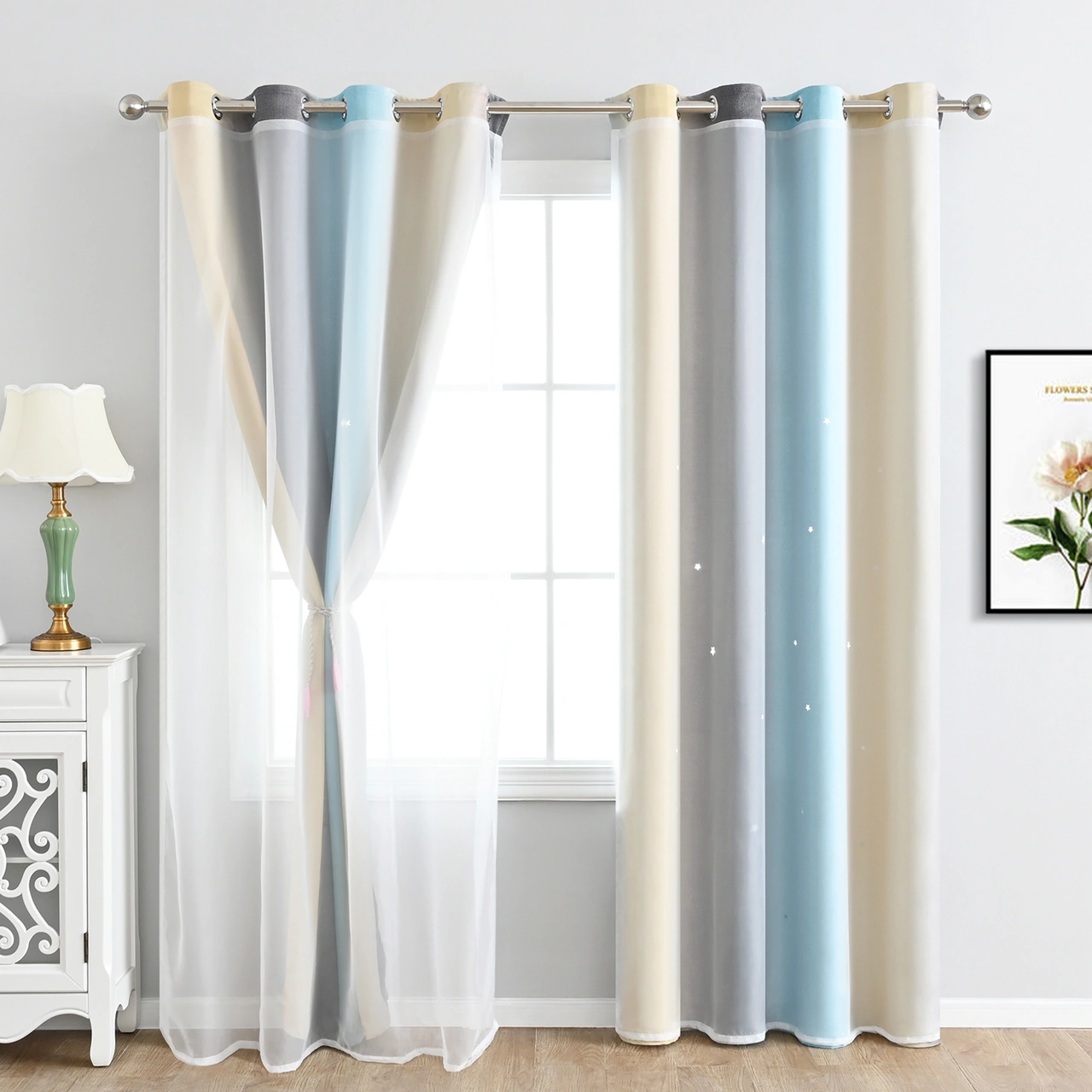 Youmex Yıldız Desenli İki Katlı Gölgelendirici Perde - Odalar İçin Isı Yalıtımı - Bej Rope İle 1 Adet 100x130cm