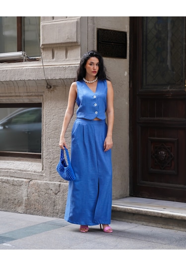 Kadın Yelekli Maxi Etekli Takım Mavi