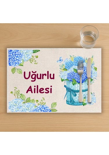 Kişiye Özel Mavi Çiçekler Yazılı Tasarımlı Amerikan Servis, Tabak Altlığı & Ev Hediyesi, 2 Adet Krem