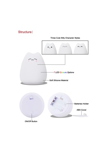 Tenfowee Kedi Şekilli Silikon Gece Lambası - 7 Renkli Stroboskop Işığı, G&uuml Venli Malzeme, Yatak Odası Dekorasyonu Hediye Beyaz