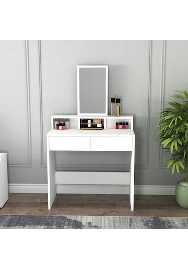 Arnetti Luna Çekmeceli Aynalı Modern Tasarım Makyaj Masası Beyaz