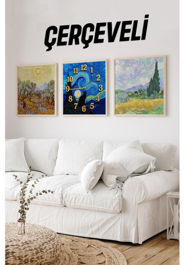 Van Gogh Esintili 3'lü Tablo Seti Kedi Saatli Ahşap Çerçeveli Mdf Tasarım Renkli